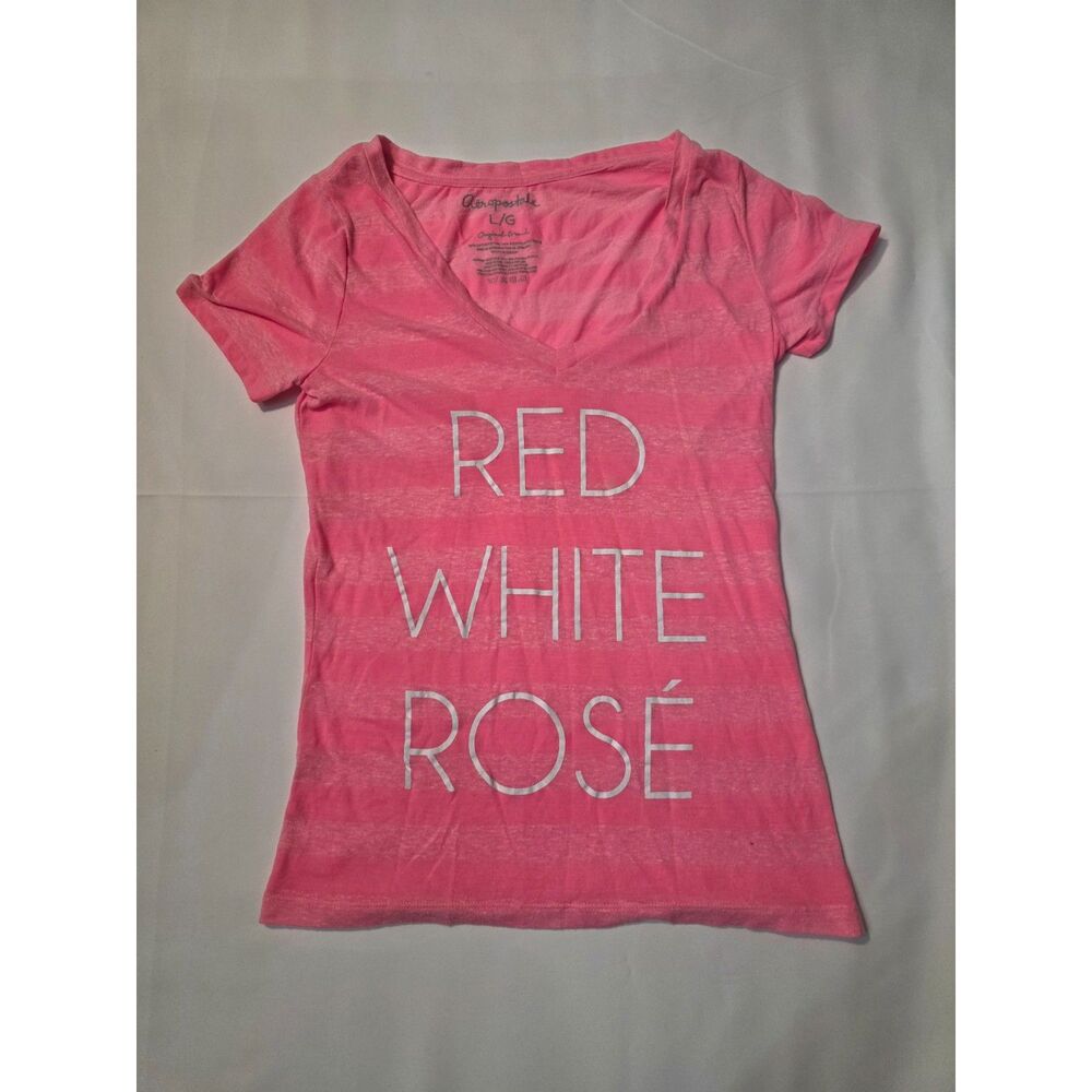 Aeropostale Juniors Large Pink Striped Red White Rose Graphic V-Neck T-Shirt L